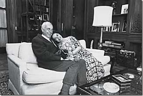 Amer. Amb. to Czechoslovakia Shirley Temple Black, in the Amb.'s official residence, relaxing on a couch w. her husband Charles Black and their dog Gorby.  (Photo by Terry Smith//Time Life Pictures/Getty Images)